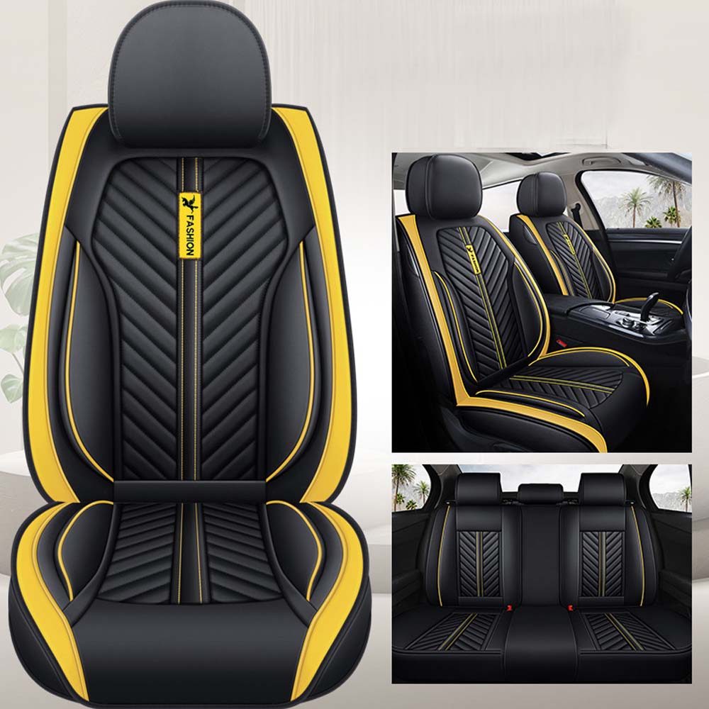 Universal 5 Seat Car Cover Black and Yellow PU Leather image 1