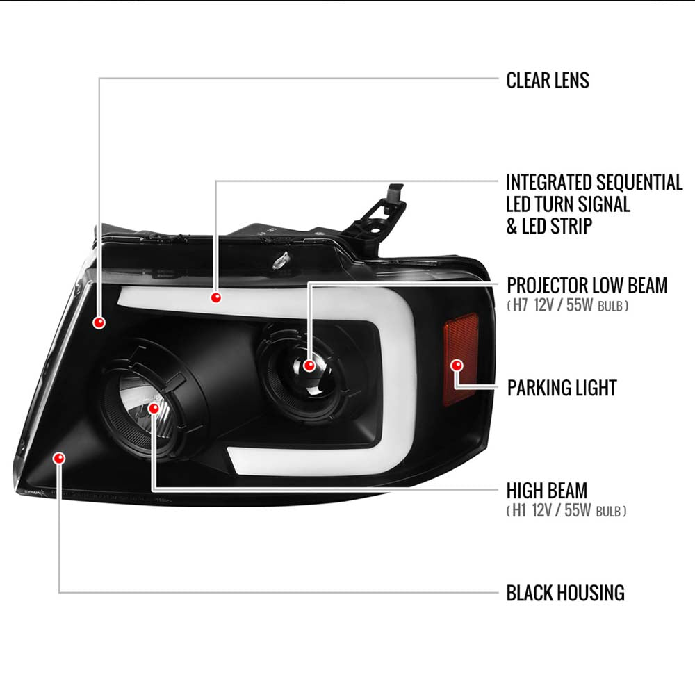 2004 - 2008 Ford F-150 Switchback Sequential LED C-Bar Projector Headlights (Matte Black Housing/Clear Lens) image 1