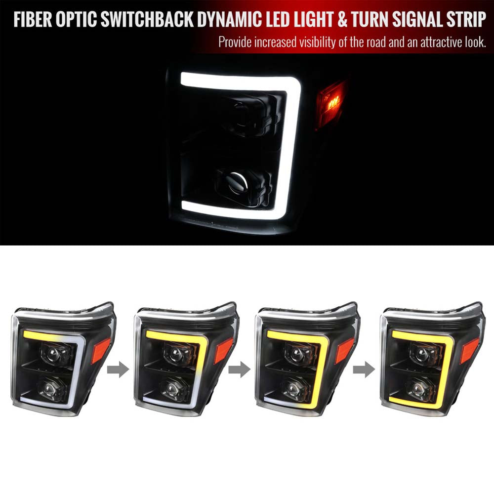 2011-2016 Ford F-250/F-350/F-450/F-550 Switchback Sequential LED C-Bar Projector Headlights (Black Housing/Clear Lens) image 2