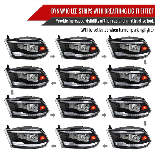 2009 - 2018 Dodge RAM 1500/2010-2018 RAM 2500 3500 Dual Switchback Sequential LED Bar Factory Style Headlights (Matte Black Housing/Clear lens) image 1