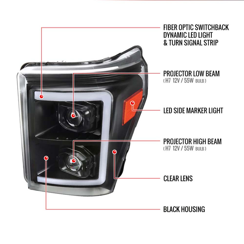 2011-2016 Ford F-250/F-350/F-450/F-550 Switchback Sequential LED C-Bar Projector Headlights (Black Housing/Clear Lens) image 8