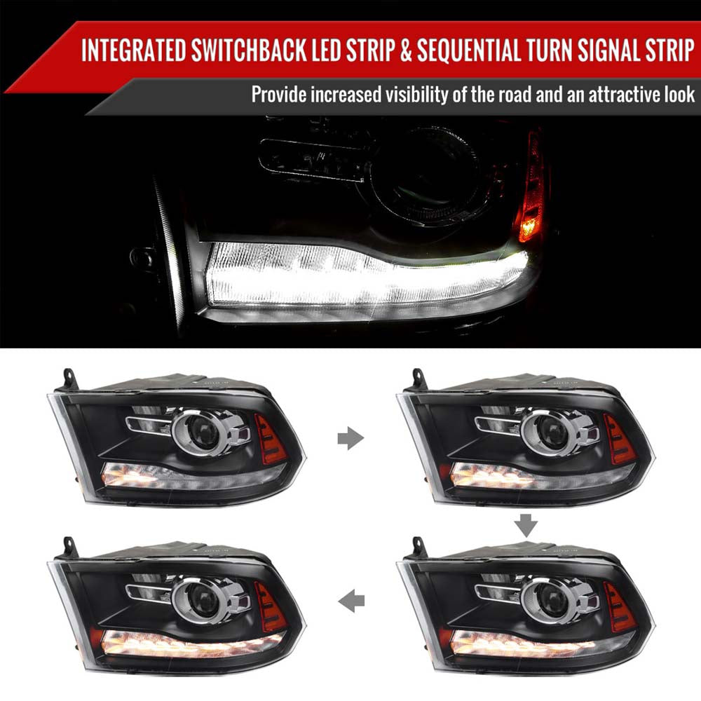 2009-2018 Dodge RAM 1500 / 2019-2021 RAM Classic / 2010-2018 RAM 2500 3500 Switchback Sequential LED Bar Projector Headlights (Matte Black Housing/Clear Lens) image 1