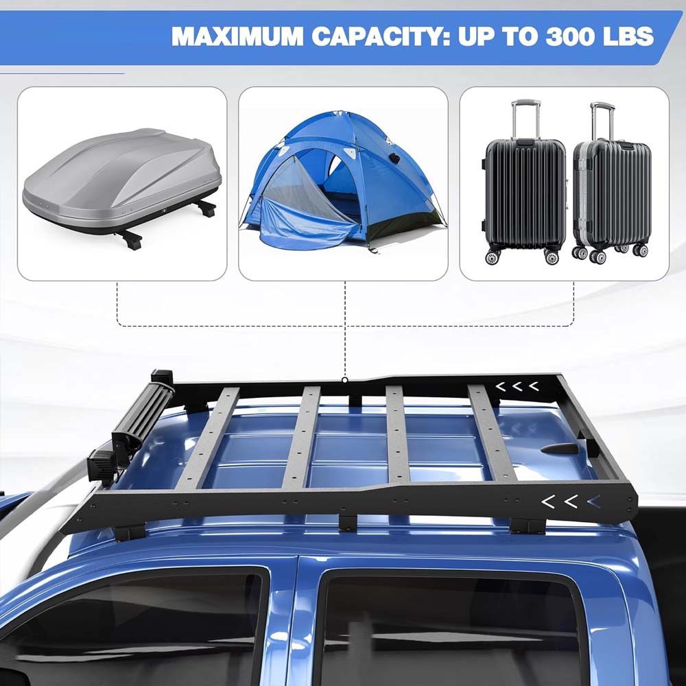 Top Roof Rack for Toyota Tacoma Cargo Carrier – 2x18W LED Lights &amp; 144W Light Bar, Textured Black Roof Luggage Storage (2005-2023) image 3