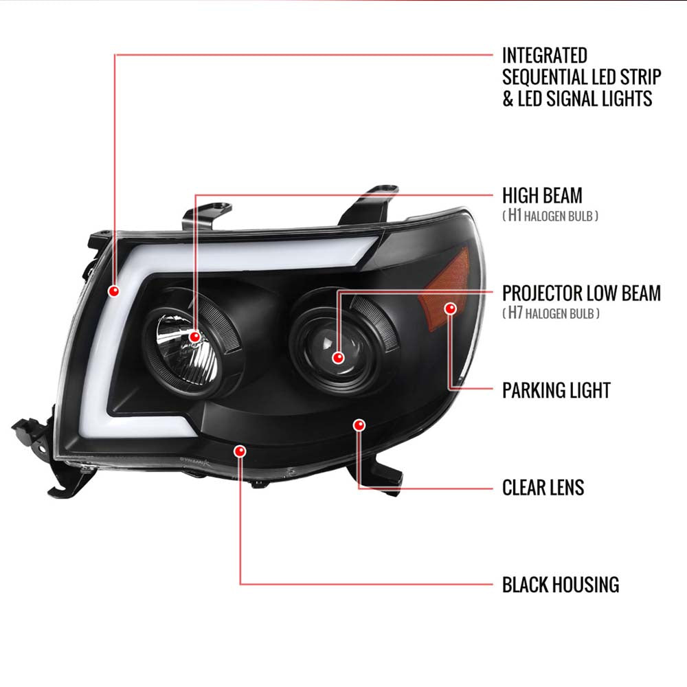 2005 - 2011 Toyota Tacoma LED Bar Projector Headlights w/ Sequential Turn Signal Lights (Matte Black Housing/Clear Lens) image 6