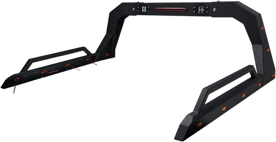 Universal Adjustable Truck Bed Chase Rack Roll Bar with Side Rails Handle &amp; 3rd Third Brake Light &amp; 2x LED Work Lamps Bars &amp; 14x Amber Side Marker For Pickup BlackTextured image 0