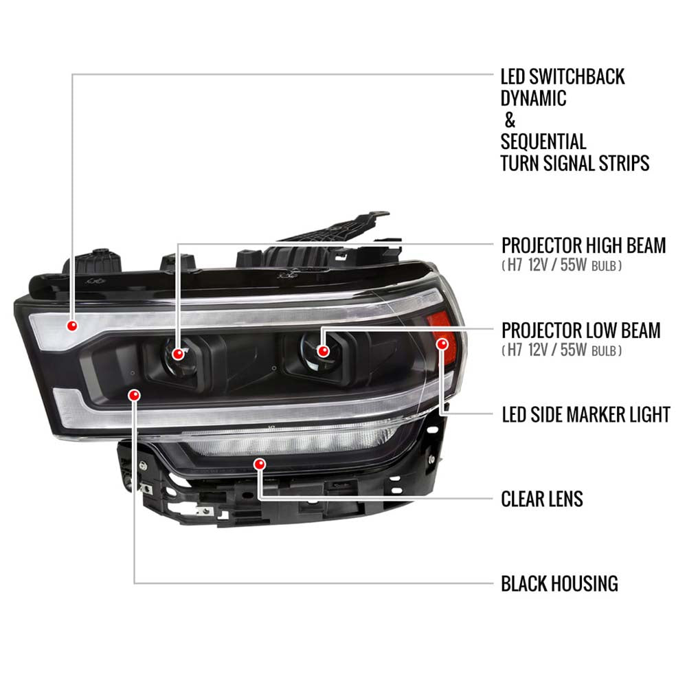 2019-2024 Dodge RAM 2500/3500/4500/5500 Switchback Sequential LED Turn Signal Projector Headlights (Matte Black Housing/Clear Lens) image 5