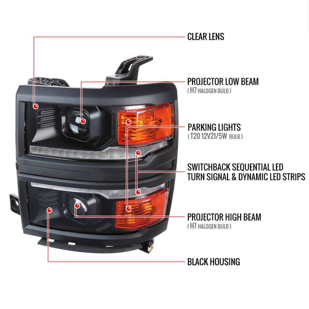 2014-2015 Chevrolet Silverado 1500 Switchback Sequential LED Bar Projector Headlights (Matte Black Housing/Clear Lens/Black Trim) image 7