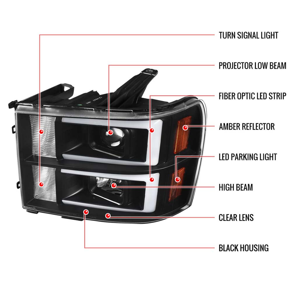 2007-2013 GMC Sierra / 2007-2014 Sierra 1500HD 2500HD 3500HD / 2009-2013 Sierra 1500 Hybrid Dual LED C-Bar Projector Headlights (Matte Black Housing/Clear Lens) image 3