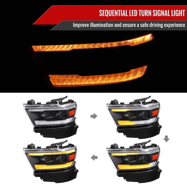 2019-2022 Dodge RAM 1500 Switchback Sequential LED Turn Signal Projector Headlights (Matte Black Housing/Clear Lens) image 1