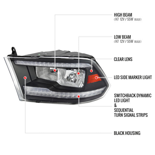2009 - 2018 Dodge RAM 1500/2010-2018 RAM 2500 3500 Dual Switchback Sequential LED Bar Factory Style Headlights (Matte Black Housing/Clear lens) image 3