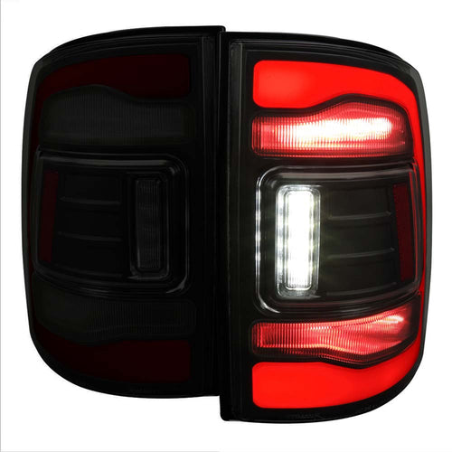 2009-2018 Dodge RAM 1500/2019-2022 RAM 1500 Classic/2010-2018 RAM 2500 3500 Red LED Bar Tail Lights (Matte Black Housing/Smoke Lens) image 0