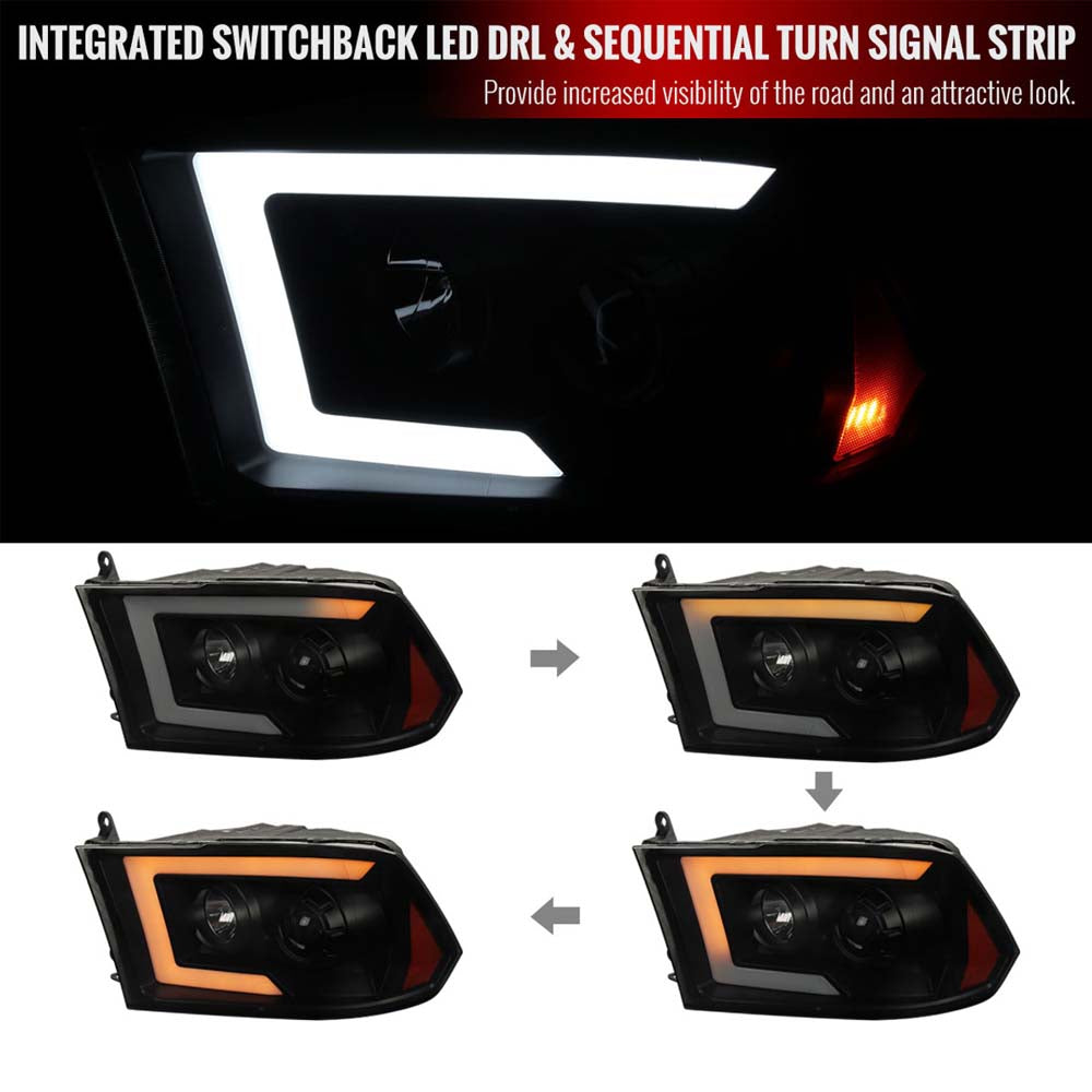 2009-2018 Dodge RAM 1500 / 2019-2021 RAM Classic/ 2010-2018 RAM 2500 3500 Switchback Sequential LED C-Bar Projector Headlights (Black Housing/Smoke Lens) image 1