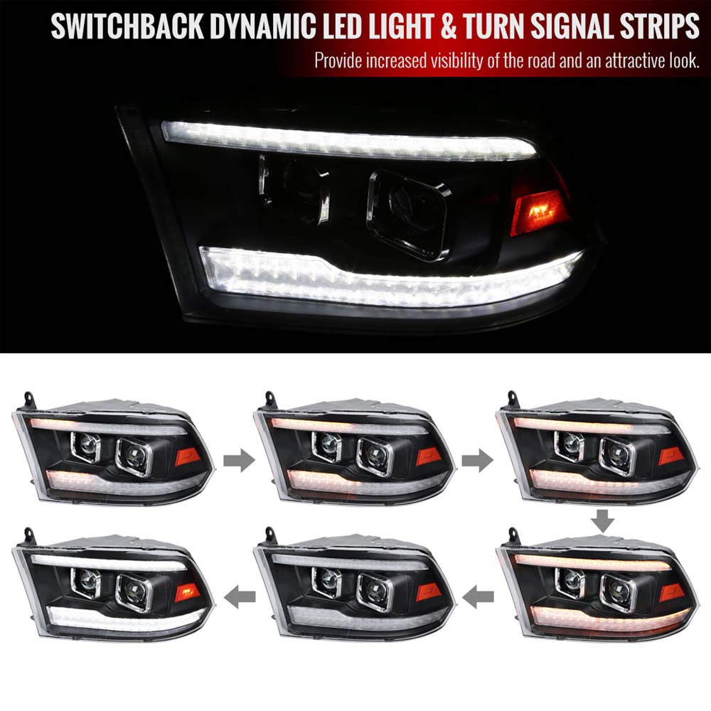 2009-2018 Dodge RAM 1500 / 2019-2021 RAM Classic / 2010-2018 RAM 2500 3500 Switchback Sequential Projector Headlights (Matte Black Housing/Clear Lens) image 1