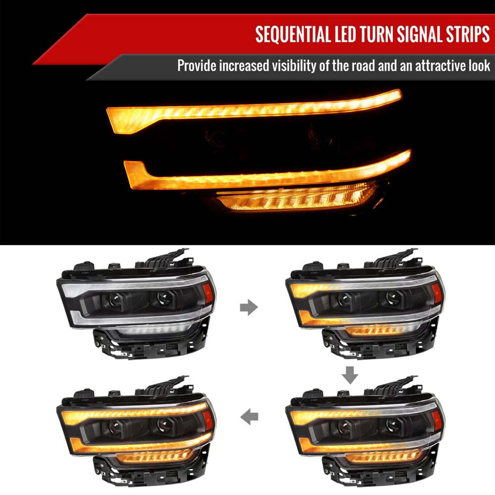 2019-2024 Dodge RAM 2500/3500/4500/5500 Switchback Sequential LED Turn Signal Projector Headlights (Matte Black Housing/Clear Lens) image 1
