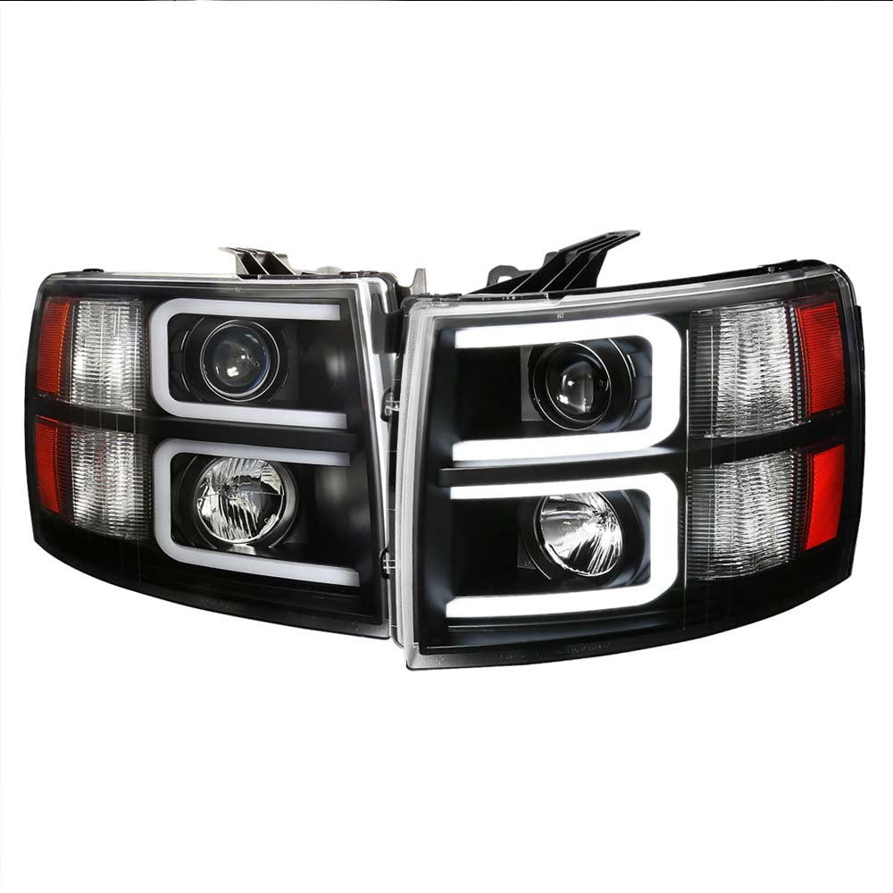 2007-2013 Chevrolet Silverado 1500/ 2007-2014 Silverado 2500HD 3500HD Dual LED C-Bar Projector Headlights (Matte Black Housing/Clear Lens) image 0