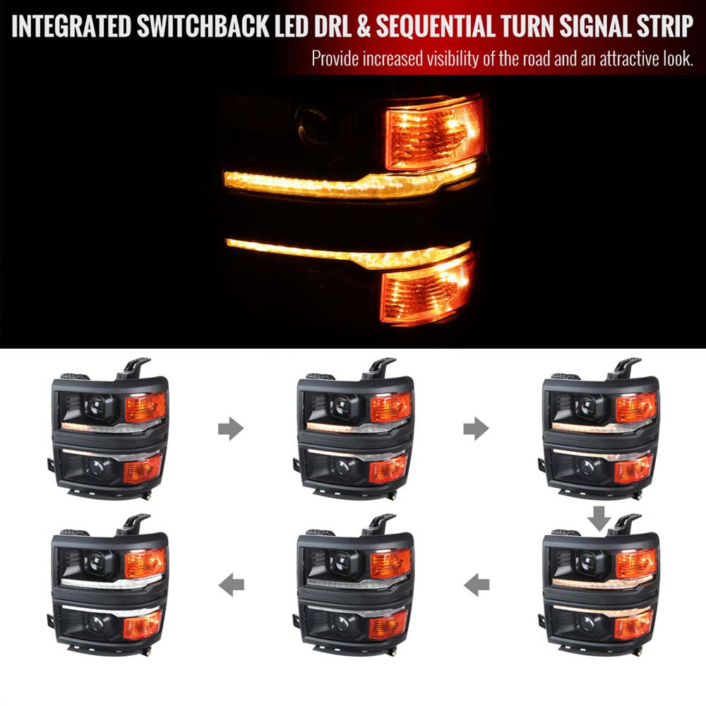 2014-2015 Chevrolet Silverado 1500 Switchback Sequential LED Bar Projector Headlights (Matte Black Housing/Clear Lens/Black Trim) image 1