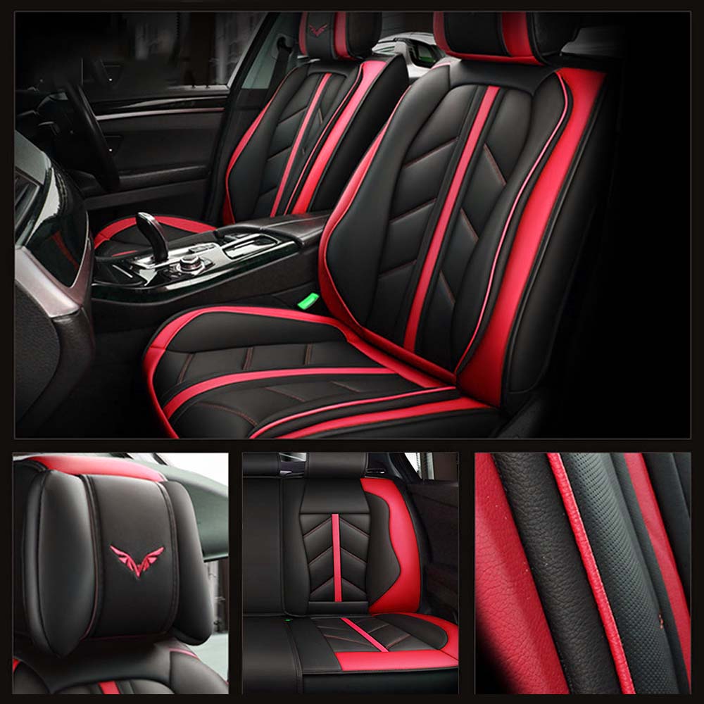 Universal 5 Seat Car Seats Cover Black Red PU Leather Waterproof image 1