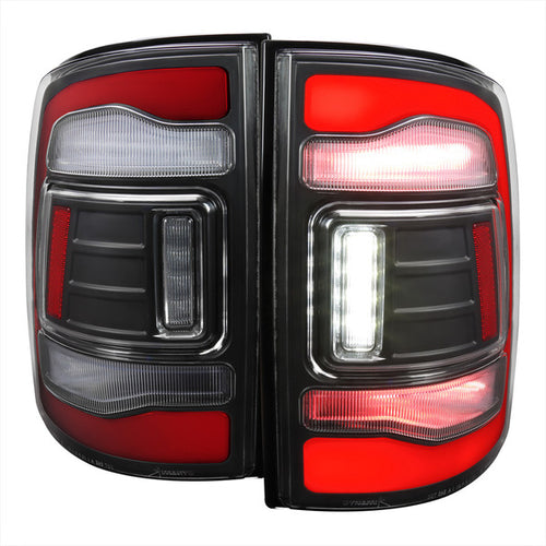 2009-2018 Dodge RAM 1500/2019-2022 RAM 1500 Classic/2010-2018 RAM 2500 3500 Red LED Bar Tail Lights (Matte Black Housing/Clear Lens) image 0