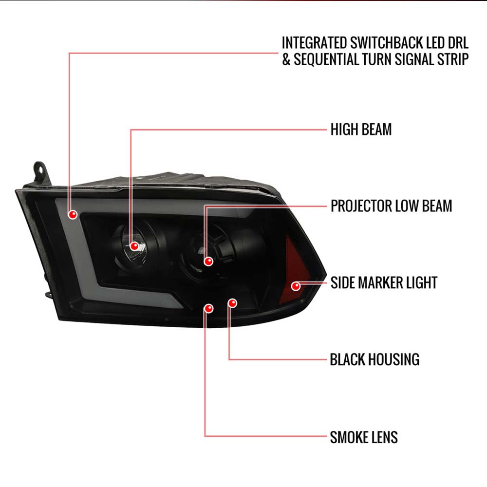 2009-2018 Dodge RAM 1500 / 2019-2021 RAM Classic/ 2010-2018 RAM 2500 3500 Switchback Sequential LED C-Bar Projector Headlights (Black Housing/Smoke Lens) image 6