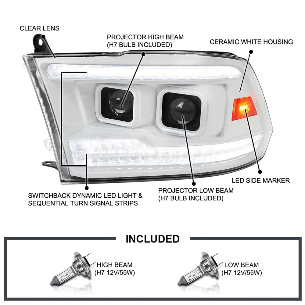 2009-2018 Dodge RAM 1500/2019-2021 RAM Classic/2010-2018 RAM 2500/3500 Switchback Sequential Projector Headlights (White Housing/Clear Lens) image 5