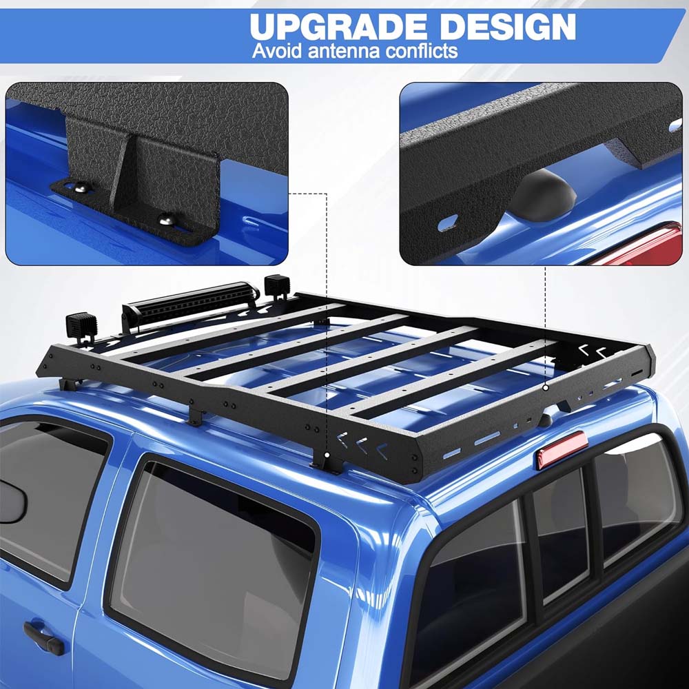 Top Roof Rack for Toyota Tacoma Cargo Carrier – 2x18W LED Lights &amp; 144W Light Bar, Textured Black Roof Luggage Storage (2005-2023) image 6