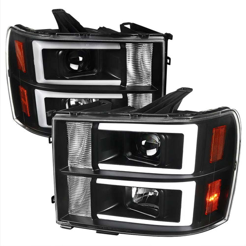 2007-2013 GMC Sierra / 2007-2014 Sierra 1500HD 2500HD 3500HD / 2009-2013 Sierra 1500 Hybrid Dual LED C-Bar Projector Headlights (Matte Black Housing/Clear Lens) image 0
