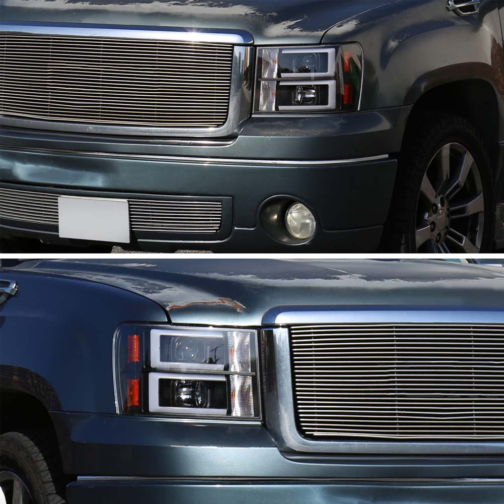 2007-2013 GMC Sierra / 2007-2014 Sierra 1500HD 2500HD 3500HD / 2009-2013 Sierra 1500 Hybrid Dual LED C-Bar Projector Headlights (Matte Black Housing/Clear Lens) image 6