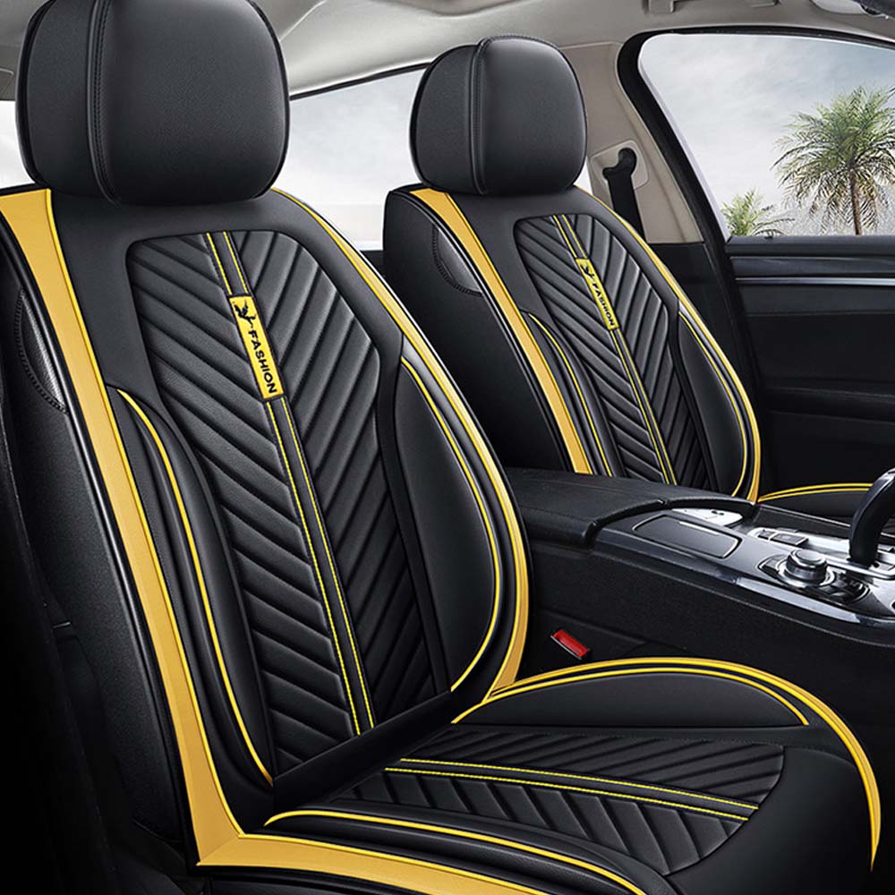 Universal 5 Seat Car Cover Black and Yellow PU Leather image 0