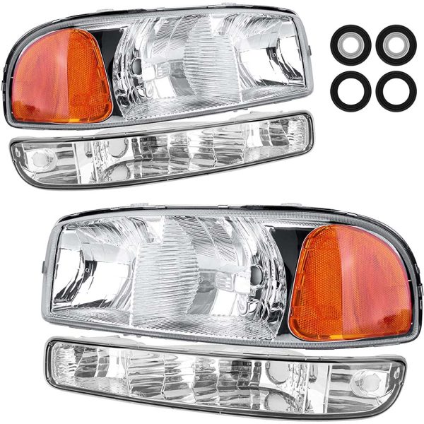 Headlight Assembly 1999-2006 GMC Sierra 1500 2500 3500 / 00-06 GMC Yukon Chrome Housing Crystal Clear Lens