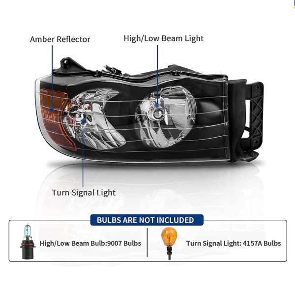 Headlight Assembly Compatible with 2002-2005 Dodge Ram Black Housing - Image 2