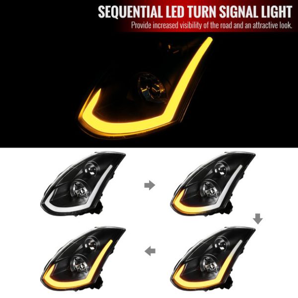 2003-2007 Infiniti G35 Coupe LED Bar Projector Headlights w/ Sequential Turn Signals (Matte Black Housing/Clear Lens) - Image 2