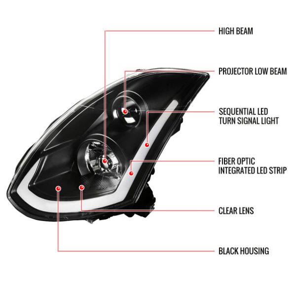 2003-2007 Infiniti G35 Coupe LED Bar Projector Headlights w/ Sequential Turn Signals (Matte Black Housing/Clear Lens) - Image 3