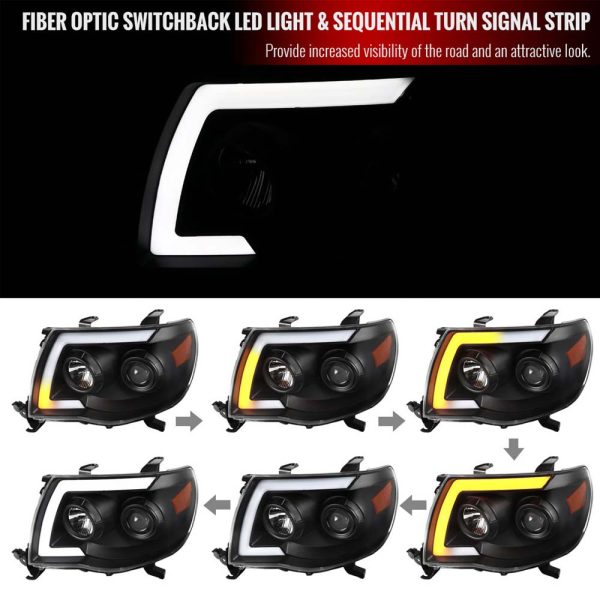 2005 - 2011 Toyota Tacoma LED Bar Projector Headlights w/ Sequential Turn Signal Lights (Matte Black Housing/Clear Lens) - Image 2