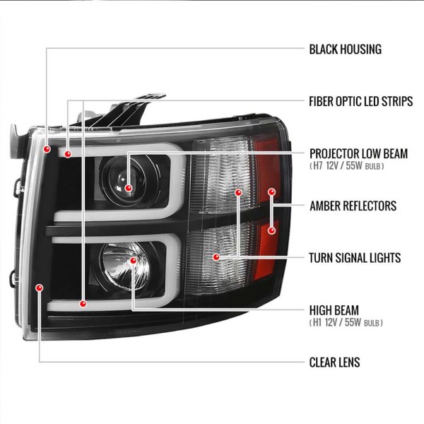 2007-2013 Chevrolet Silverado 1500/ 2007-2014 Silverado 2500HD 3500HD Dual LED C-Bar Projector Headlights (Matte Black Housing/Clear Lens) - Image 5