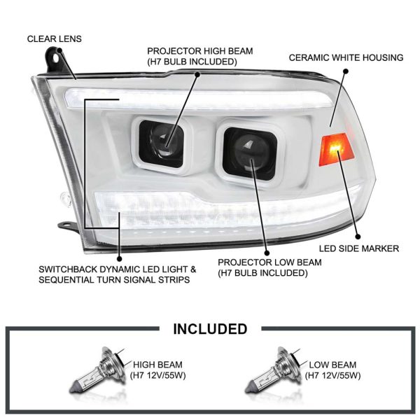 2009-2018 Dodge RAM 1500/2019-2021 RAM Classic/2010-2018 RAM 2500/3500 Switchback Sequential Projector Headlights (White Housing/Clear Lens) - Image 6