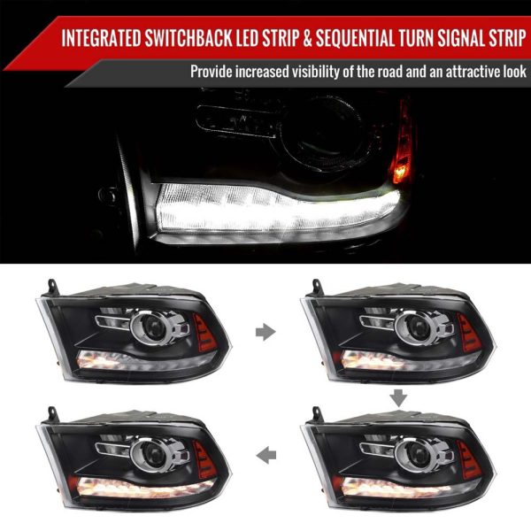 2009-2018 Dodge RAM 1500 / 2019-2021 RAM Classic / 2010-2018 RAM 2500 3500 Switchback Sequential LED Bar Projector Headlights (Matte Black Housing/Clear Lens) - Image 2