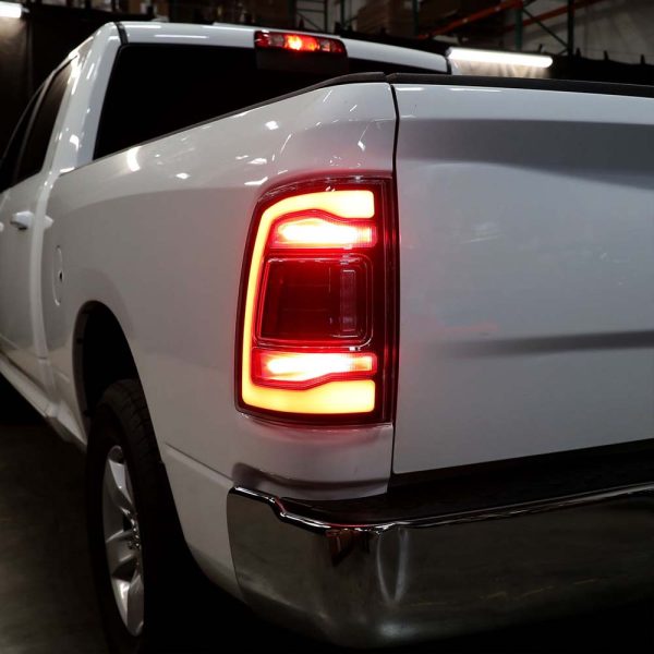 2009-2018 Dodge RAM 1500/2019-2022 RAM 1500 Classic/2010-2018 RAM 2500 3500 Red LED Bar Tail Lights (Matte Black Housing/Smoke Lens) - Image 7