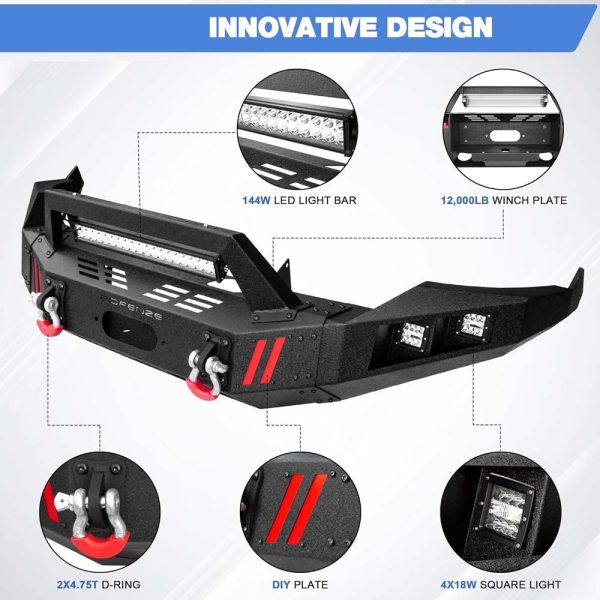 Full Width Front Bumper for Ram 1500 (2013-2018, 2019-2023 Classic) - Winch Plate, LED Lights, D-rings - Image 3