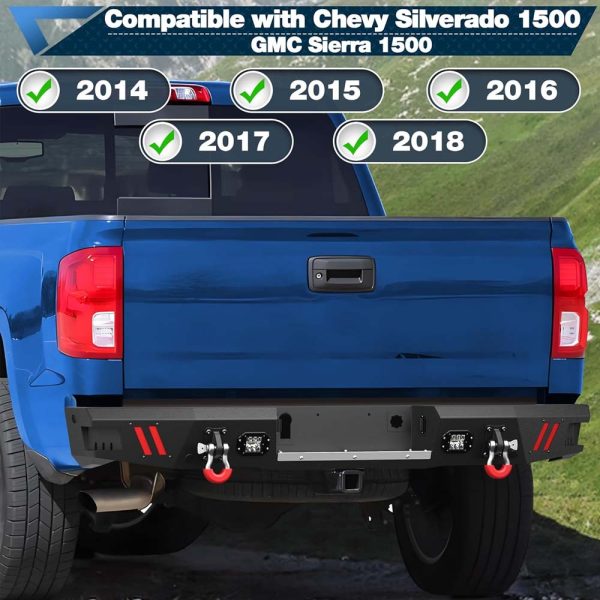 Rear Bumper Full Width for 2014-2018 Chevrolet Silverado/GMC Sierra 1500, Textured Black Bumper with LED Lights & Sensor Holes & D-Rings & License Plate Lights - Image 8