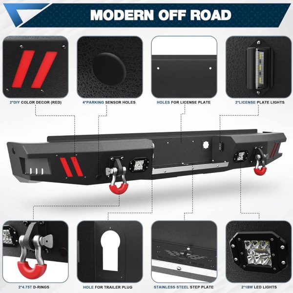 Rear Bumper Full Width for 2014-2018 Chevrolet Silverado/GMC Sierra 1500, Textured Black Bumper with LED Lights & Sensor Holes & D-Rings & License Plate Lights - Image 6