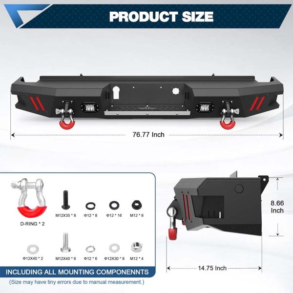 Rear Bumper Full Width for 2014-2018 Chevrolet Silverado/GMC Sierra 1500, Textured Black Bumper with LED Lights & Sensor Holes & D-Rings & License Plate Lights - Image 5