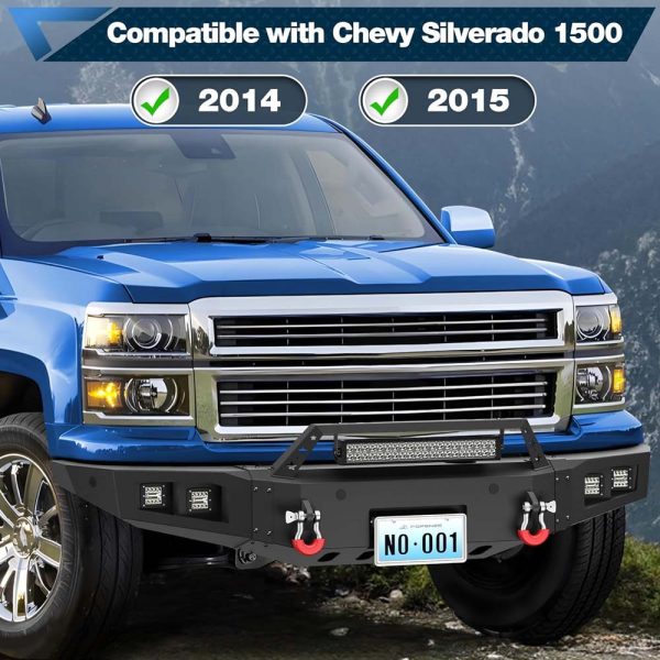 Front Bumper Bar with Winch Plate for 2014-2015 Silverado 1500, Textured Black Bumper with D-rings, 144W Light Bar - Image 8