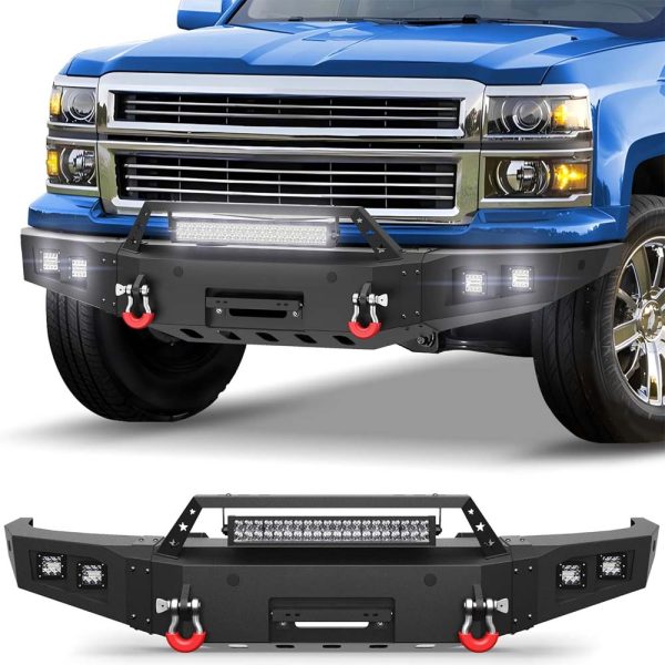 Front Bumper Bar with Winch Plate for 2014-2015 Silverado 1500, Textured Black Bumper with D-rings, 144W Light Bar - Image 2