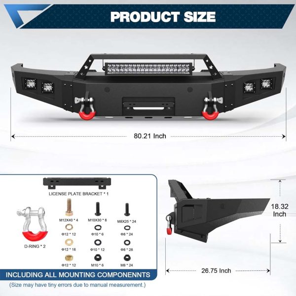 Front Bumper Bar with Winch Plate for 2014-2015 Silverado 1500, Textured Black Bumper with D-rings, 144W Light Bar - Image 7