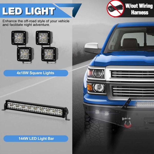 Front Bumper Bar with Winch Plate for 2014-2015 Silverado 1500, Textured Black Bumper with D-rings, 144W Light Bar - Image 6