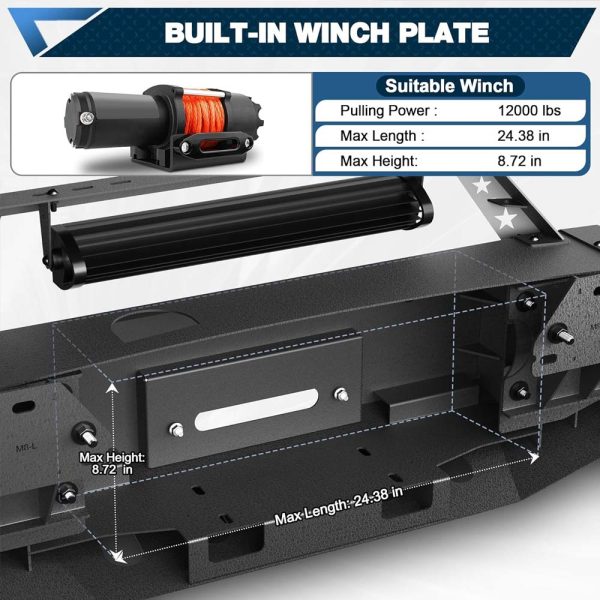 Front Bumper Bar with Winch Plate for 2014-2015 Silverado 1500, Textured Black Bumper with D-rings, 144W Light Bar - Image 4