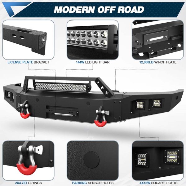 Front Bumper Bar with Winch Plate for 2014-2015 Silverado 1500, Textured Black Bumper with D-rings, 144W Light Bar - Image 3