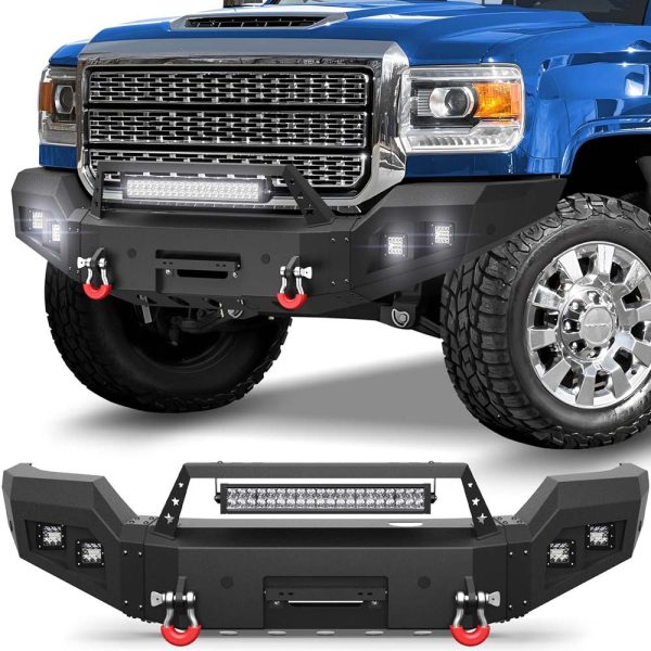 GMC Sierra HD with steel front bumper parked in snowy terrain