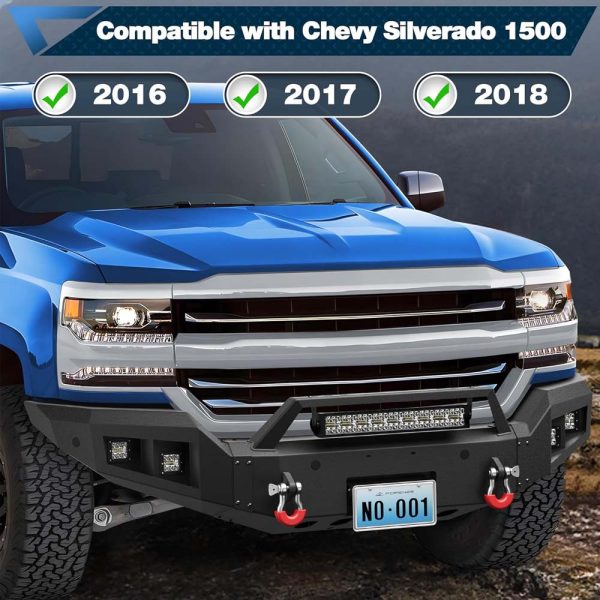 Front Bumper Bar with Winch Plate for 2016-2018 Silverado 1500, Textured Black Bumper for Chevrolet Silverado 1500 (2016 2017 2018) with D-rings, 144W Long Light Bar, License Plate Bracket - Image 8