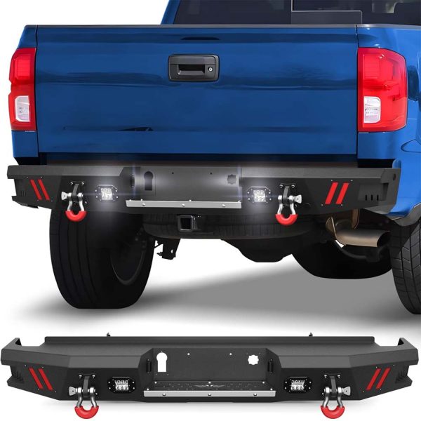 Rear Bumper Full Width for 2014-2018 Chevrolet Silverado/GMC Sierra 1500, Textured Black Bumper with LED Lights & Sensor Holes & D-Rings & License Plate Lights - Image 2
